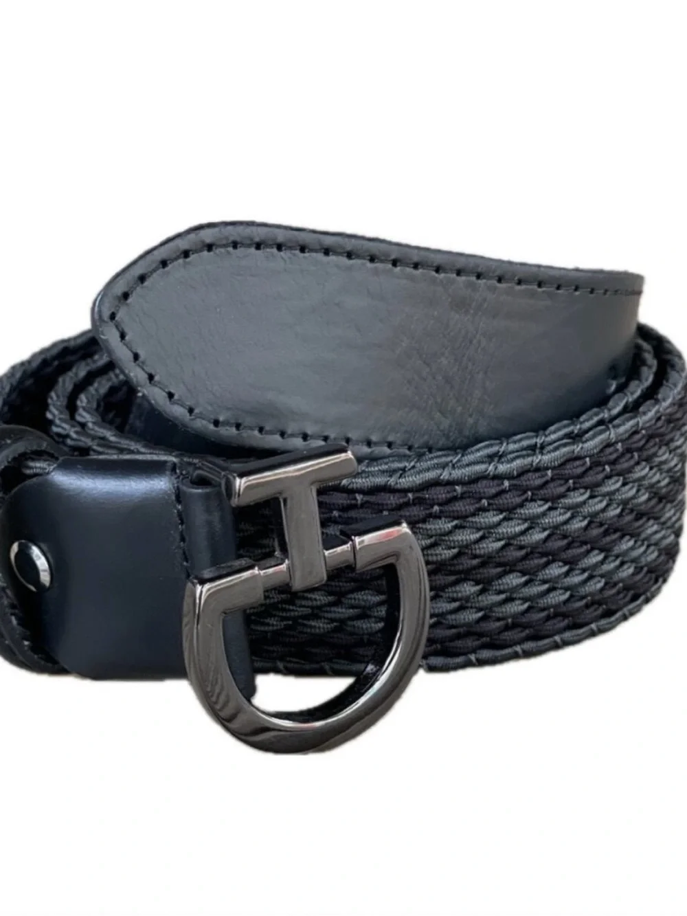 NEVER WORN Women's Black Woven Leather-Trim Belt with Gunmetal Buckle
